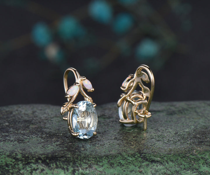 Oval cut aquamarine earrings solid 14k yellow gold vintage leaf marquise opal drop earrings women anniversary gift jewelry
