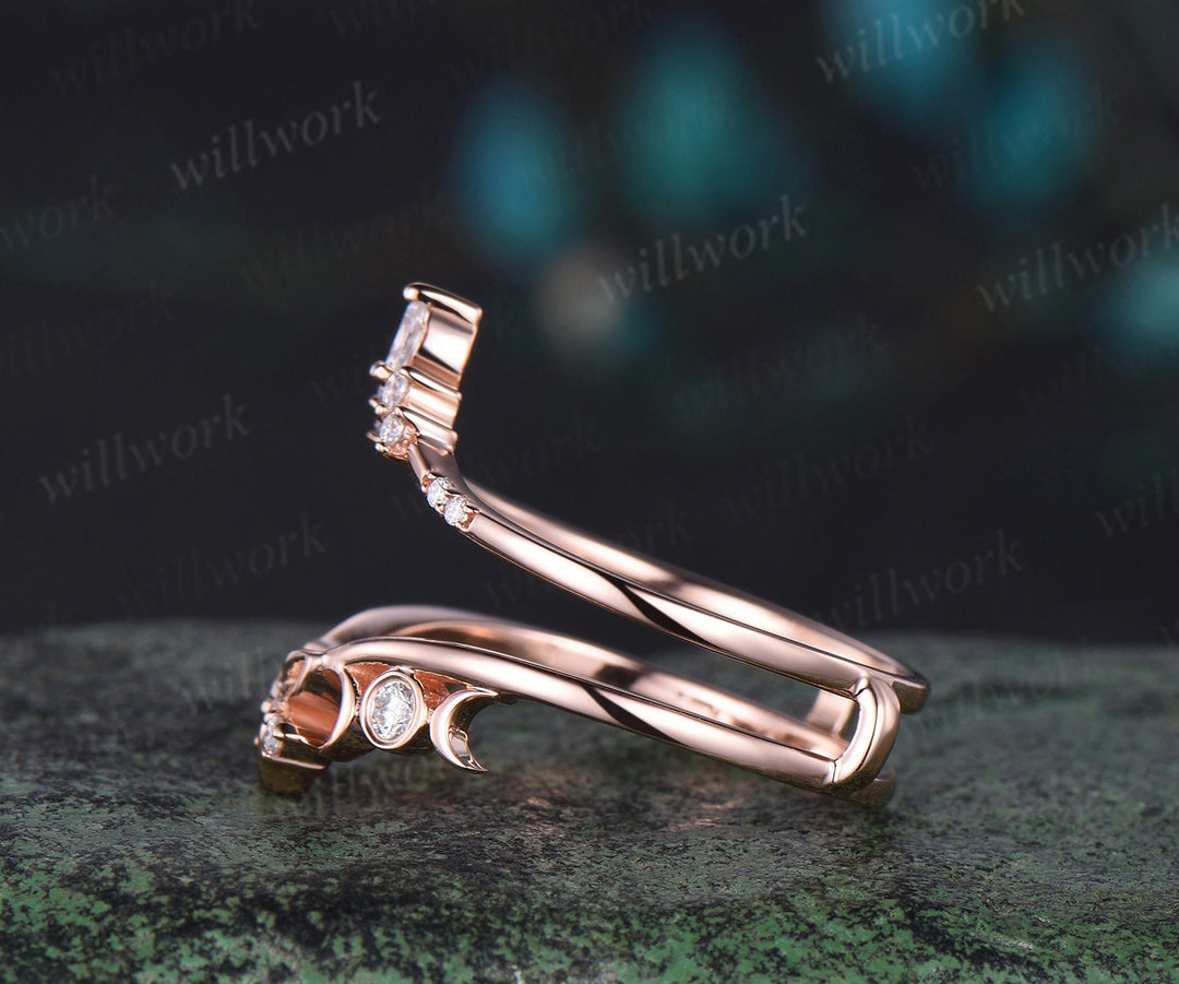 Double V curved diamond wedding band enhancer wraps solid 14k rose gold Celtic knot moissanite wedding ring band women anniversary gift