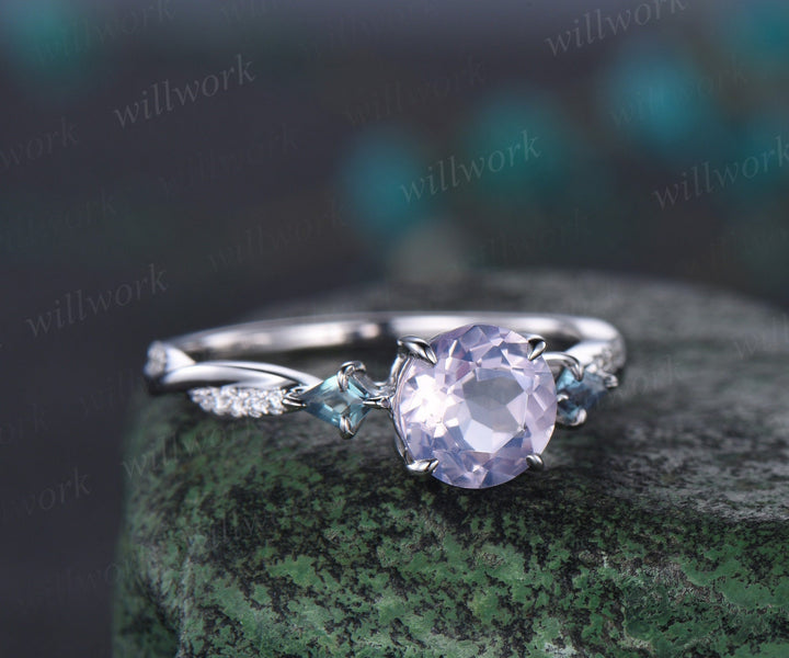 Round cut Lavender Amethyst engagement ring white gold kite alexandrite twisted diamond ring vintage wedding anniversary ring gift