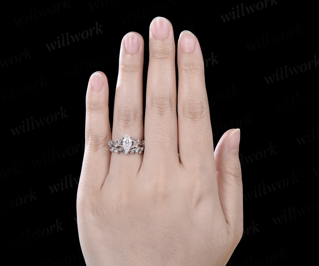 1ct marquise cut moissanite engagement ring set solid 14k yellow gold twig leaf stacking diamond wedding ring set women jewelry