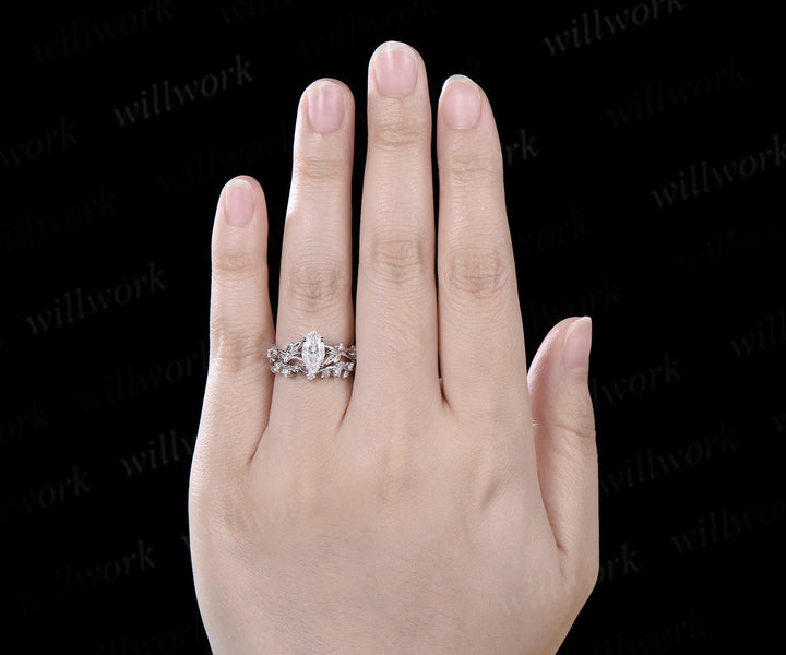 1ct marquise cut moissanite engagement ring set solid 14k yellow gold twig leaf stacking diamond wedding ring set women jewelry