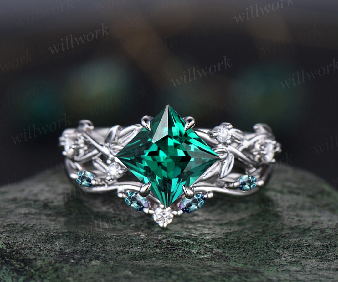 Princess cut green emerald engagement ring set 14k yellow gold five stone leaf branch Nature inspired alexandrite bridal ring set women gift