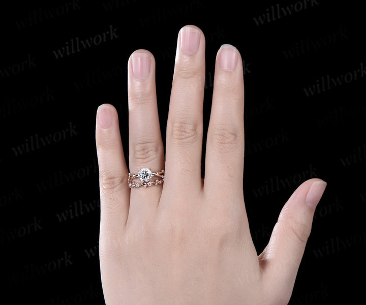 1ct round cut IGI Lab grown diamond engagement ring solid 14k 18k rose gold branch twig five stone vintage wedding promise ring set women