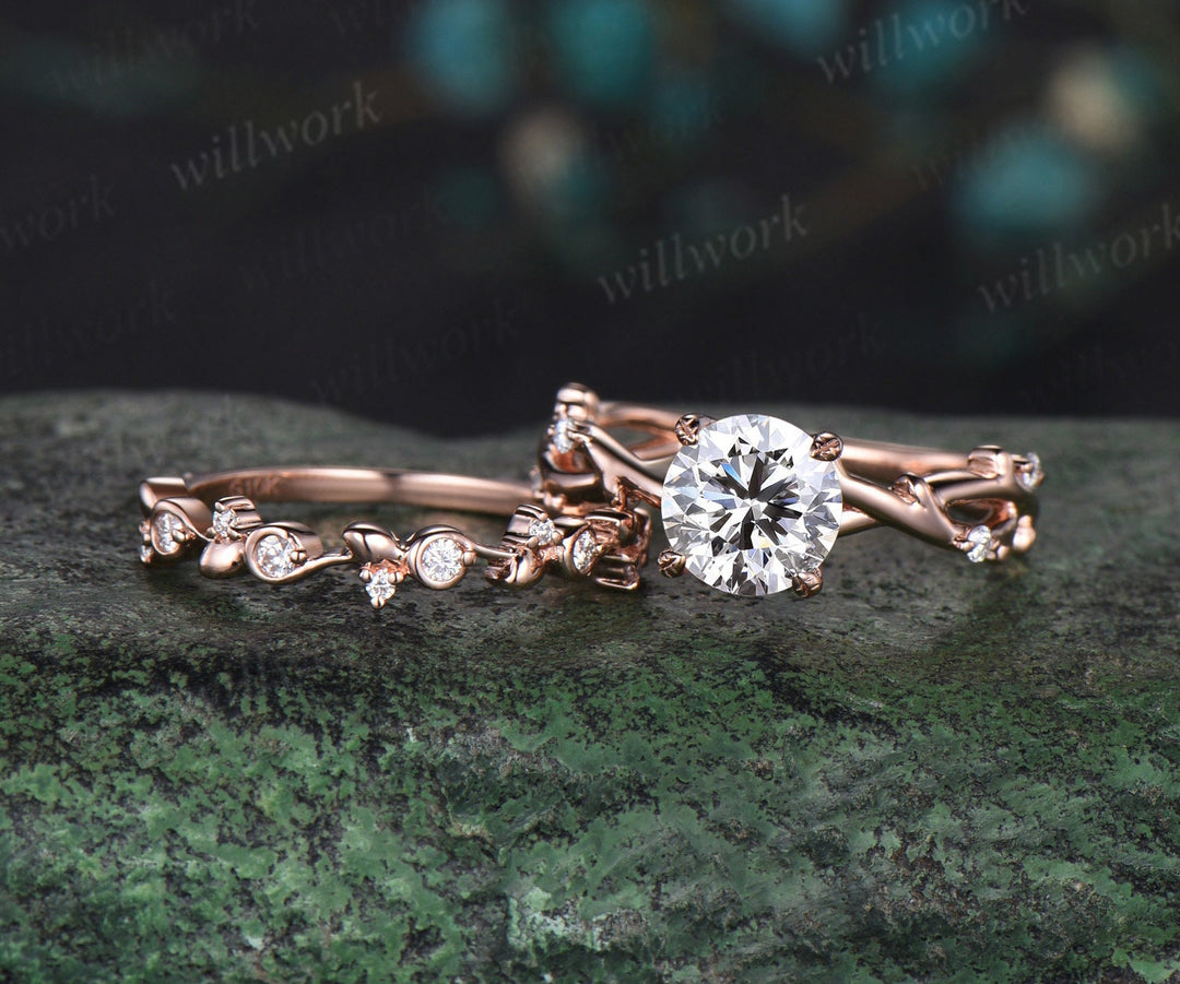 1ct round cut IGI Lab grown diamond engagement ring solid 14k 18k rose gold branch twig five stone vintage wedding promise ring set women
