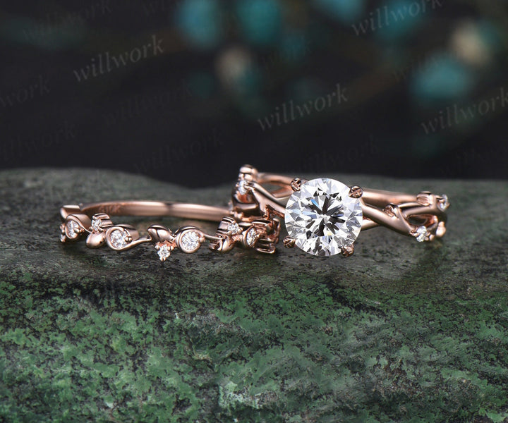 1ct round cut IGI Lab grown diamond engagement ring solid 14k 18k rose gold branch twig five stone vintage wedding promise ring set women