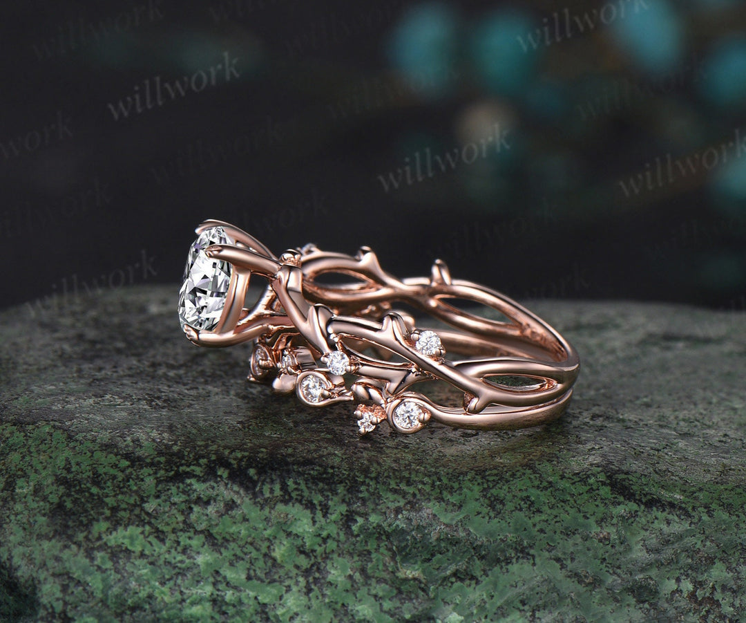 1ct round cut IGI Lab grown diamond engagement ring solid 14k 18k rose gold branch twig five stone vintage wedding promise ring set women