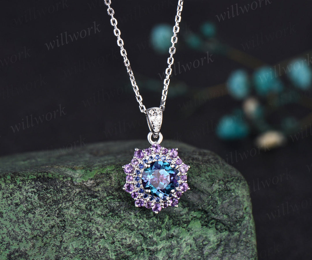 1ct round cut alexandrite necklace white gold snowdrift double halo sapphire amethyst pendant women color change gemstone anniversary gift