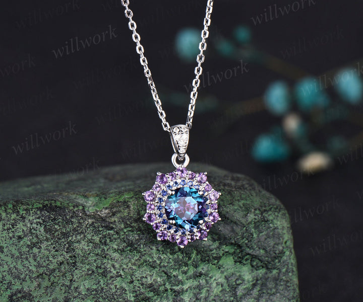 1ct round cut alexandrite necklace white gold snowdrift double halo sapphire amethyst pendant women color change gemstone anniversary gift