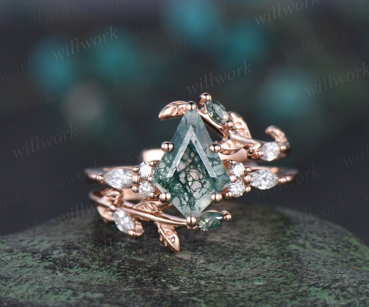 Vintage kite cut moss agate engagement ring leaf stacking enhancer rose gold diamond wedding promise ring set women
