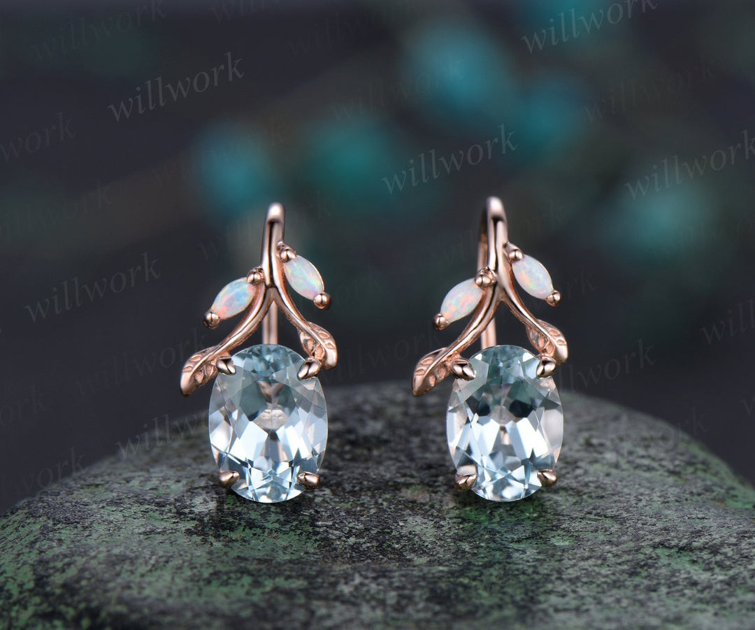 Oval cut aquamarine earrings solid 14k yellow gold vintage leaf marquise opal drop earrings women anniversary gift jewelry