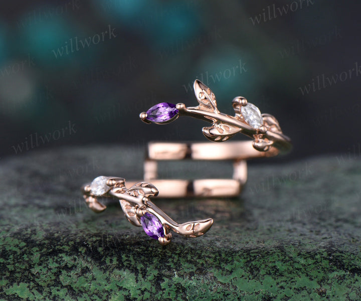 Unique kite cut white opal engagement ring twig leaf rose gold diamond amethyst wedding band enhancer anniversary ring set women gift