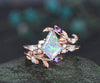 Unique kite cut white opal engagement ring twig leaf rose gold diamond amethyst wedding band enhancer anniversary ring set women gift