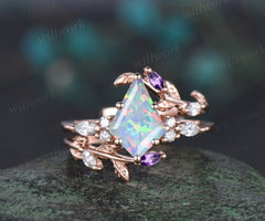Unique kite cut white opal engagement ring twig leaf rose gold diamond amethyst wedding band enhancer anniversary ring set women gift