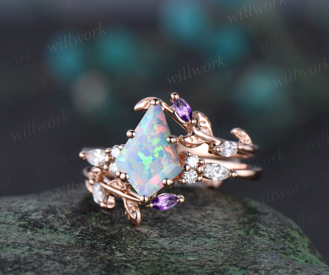 Unique kite cut white opal engagement ring twig leaf rose gold diamond amethyst wedding band enhancer anniversary ring set women gift