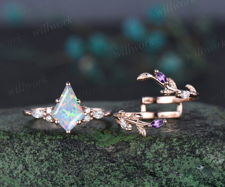 Unique kite cut white opal engagement ring twig leaf rose gold diamond amethyst wedding band enhancer anniversary ring set women gift
