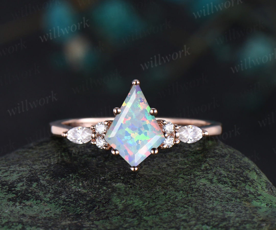 Unique kite cut white opal engagement ring twig leaf rose gold diamond amethyst wedding band enhancer anniversary ring set women gift
