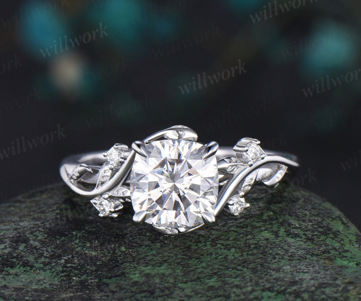 Vintage cushion cut moissanite engagement ring white gold art deco leaf five stone diamond anniversary promise wedding ring women gift