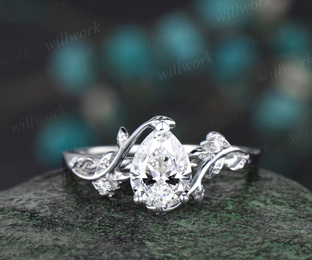 Vintage pear shaped IGI Lab grown diamond engagement ring set white gold leaf nature inspired promise wedding ring set women