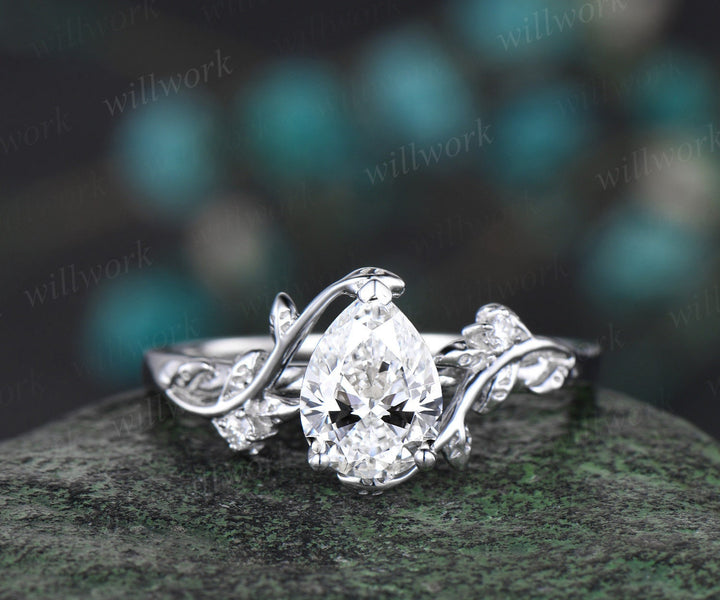 Vintage pear shaped IGI Lab grown diamond engagement ring set white gold leaf nature inspired promise wedding ring set women