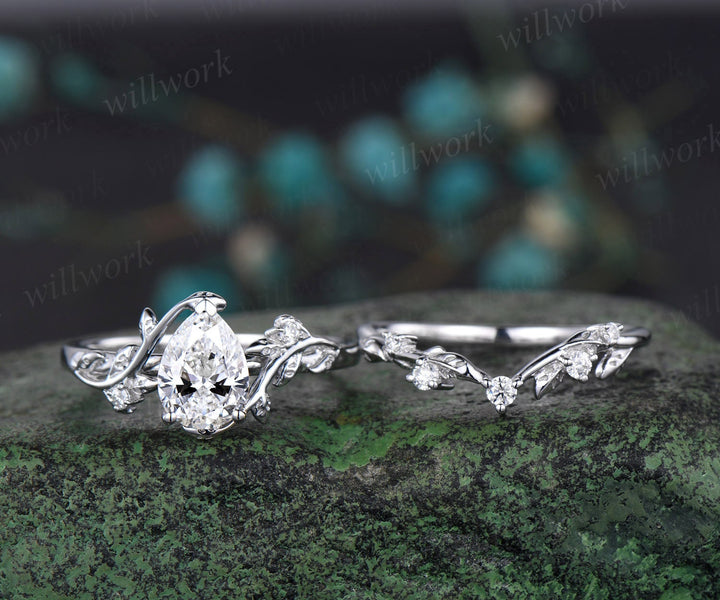 Vintage pear shaped IGI Lab grown diamond engagement ring set white gold leaf nature inspired promise wedding ring set women