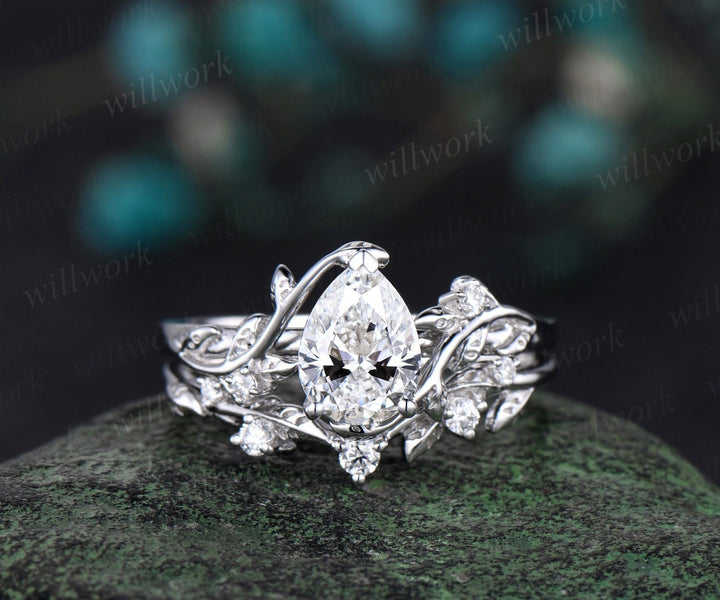 Vintage pear shaped IGI Lab grown diamond engagement ring set white gold leaf nature inspired promise wedding ring set women