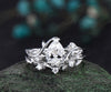 Vintage pear shaped IGI Lab grown diamond engagement ring set white gold leaf nature inspired promise wedding ring set women