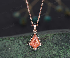 Unique kite cut sunstone necklace solid 14k 18k rose gold halo black diamond pendant for women May birthstone mother anniversary gift