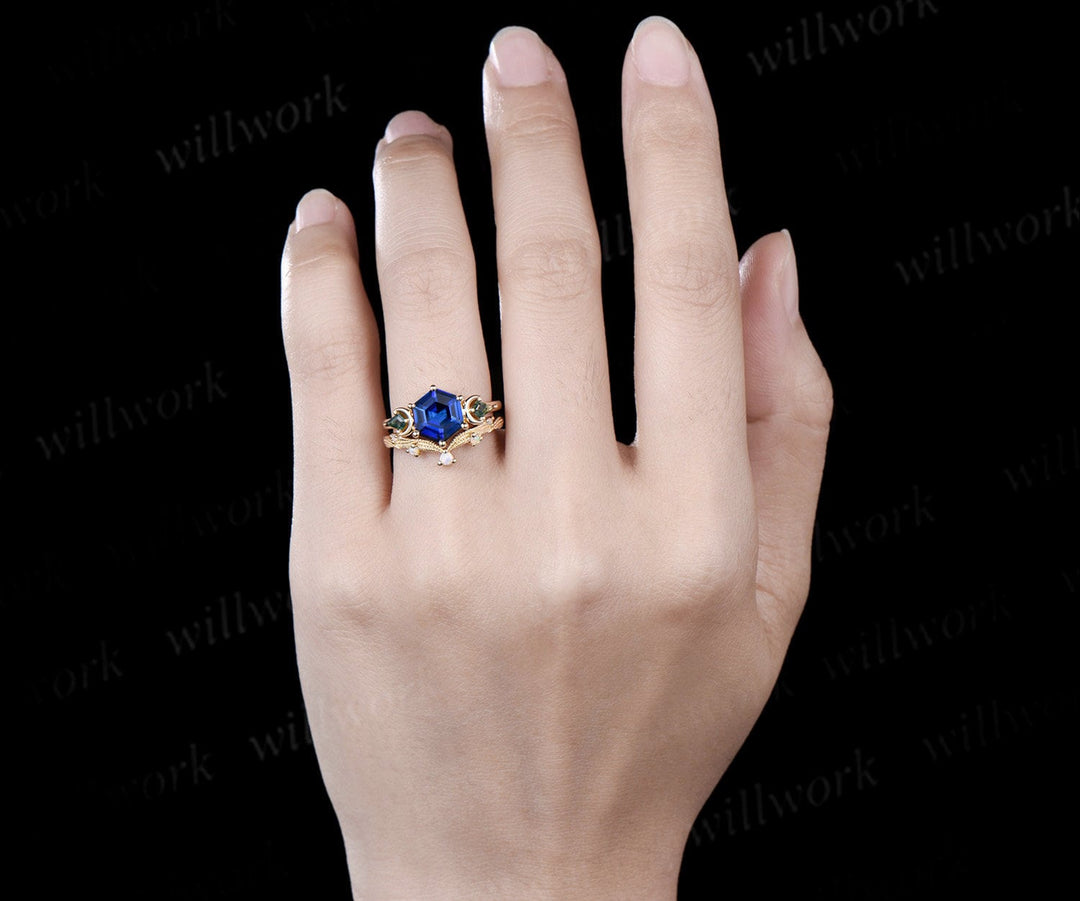Hexagon cut sapphire ring vintage three stone moon moss agate leaf opal ring women 6 prong unique engagement ring blue gemstone ring