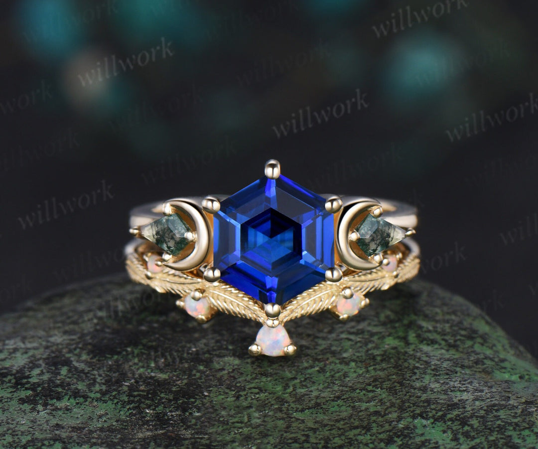 Hexagon cut sapphire ring vintage three stone moon moss agate leaf opal ring women 6 prong unique engagement ring blue gemstone ring
