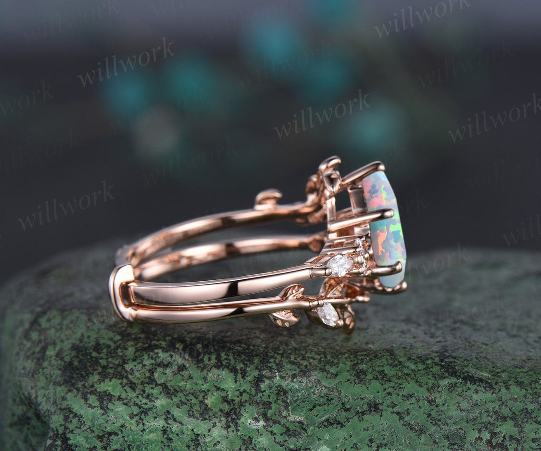 Unique kite cut white opal engagement ring twig leaf rose gold diamond amethyst wedding band enhancer anniversary ring set women gift
