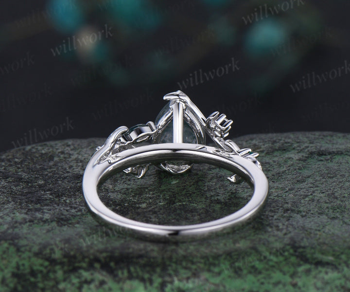 Pear cut moss agate ring vintage leaf moon white gold unique engagement ring women branch twisted emerald anniversary ring women