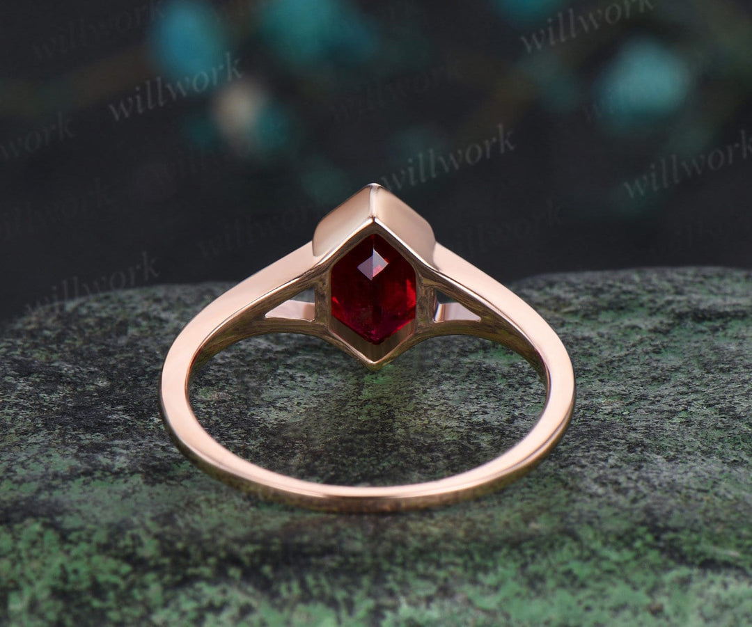 Long hexagon cut red garnet engagement ring rose gold bezel split shank three stone floral emerald wedding anniversary ring women