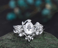 Vintage Pear shaped IGI lab-grown diamond engagement ring white gold leaf branch diamond bridal ring set Celtic knot wedding ring band women jewelry