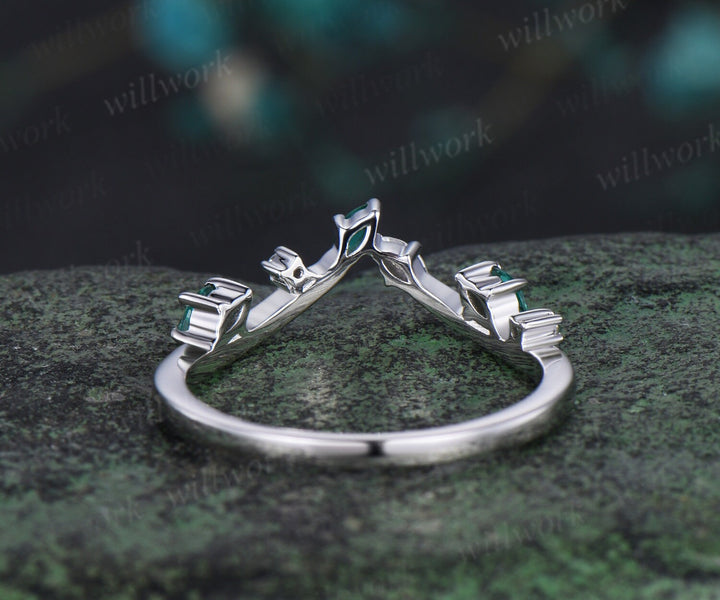 Curved emerald wedding band white gold stacking moissanite wedding ring band women May birthstone ring graduation anniversary gift