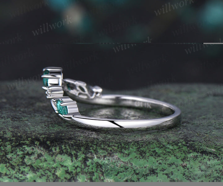 Curved emerald wedding band white gold stacking moissanite wedding ring band women May birthstone ring graduation anniversary gift