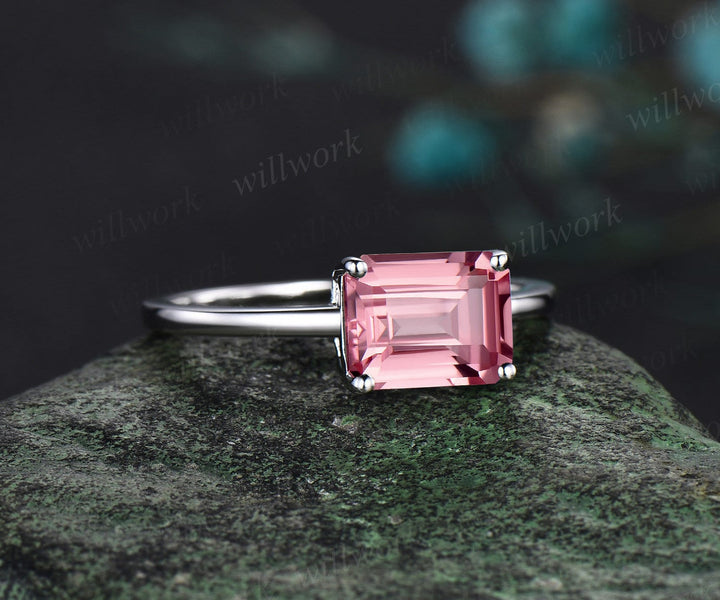 East to west emerald cut Padparadscha sapphire engagement ring women solid 14k white gold solitaire pink gemstone anniversary ring gift