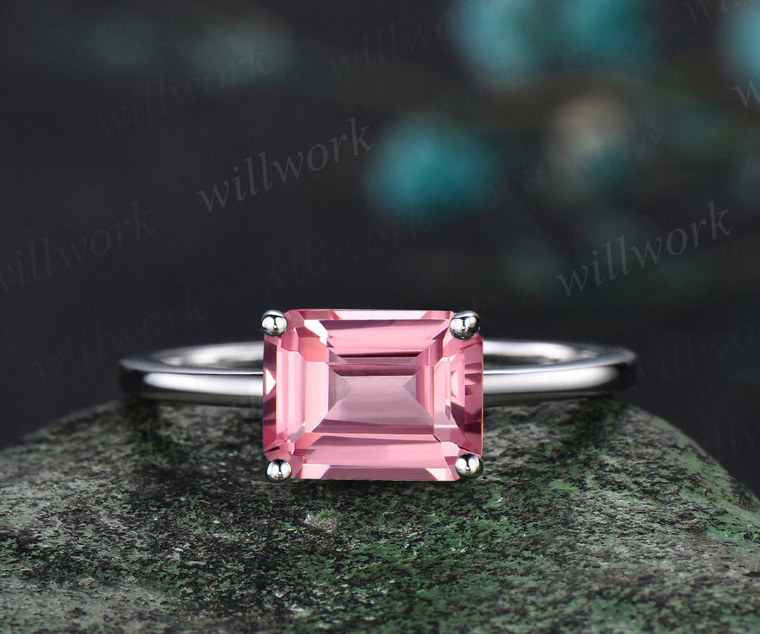 East to west emerald cut Padparadscha sapphire engagement ring women solid 14k white gold solitaire pink gemstone anniversary ring gift