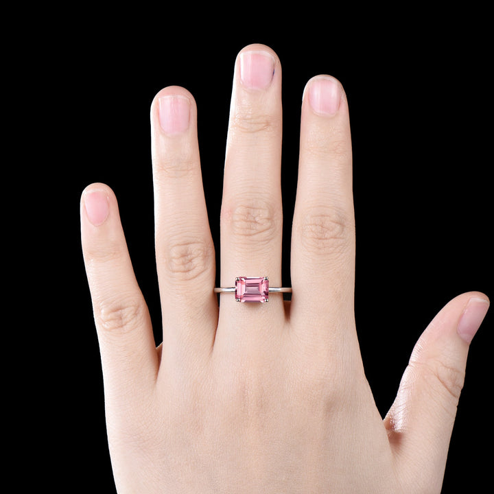 East to west emerald cut Padparadscha sapphire engagement ring women solid 14k white gold solitaire pink gemstone anniversary ring gift