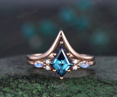 Kite cut Alexandrite engagement ring rose gold moonstone bridal wedding ring set women 6 prong stacking color change gemstone ring