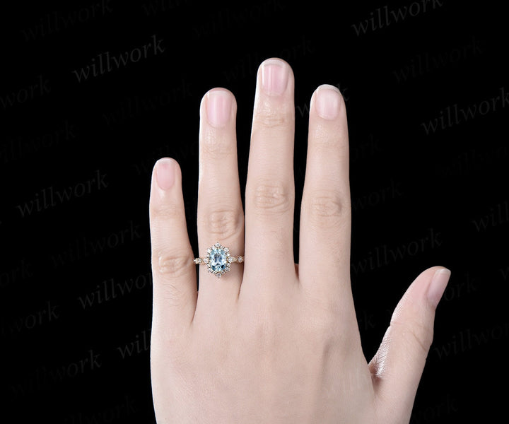 Oval cut aquamarine engagement ring 14k yellow gold Milgrain half eternity snowdrift halo diamond wedding promise ring women jewelry