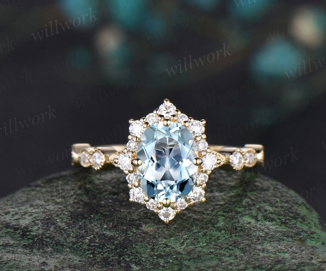 Oval cut aquamarine engagement ring 14k yellow gold Milgrain half eternity snowdrift halo diamond wedding promise ring women jewelry