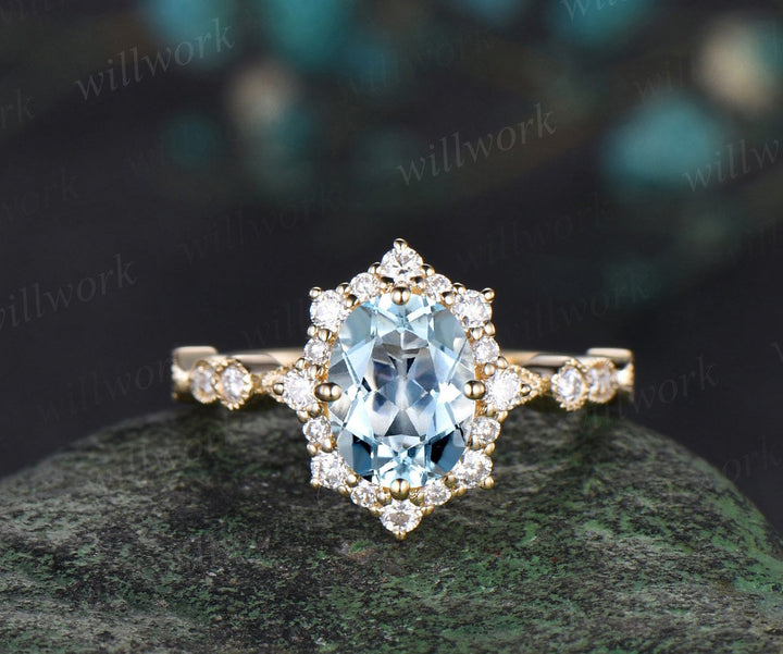 Oval cut aquamarine engagement ring 14k yellow gold Milgrain half eternity snowdrift halo diamond wedding promise ring women jewelry
