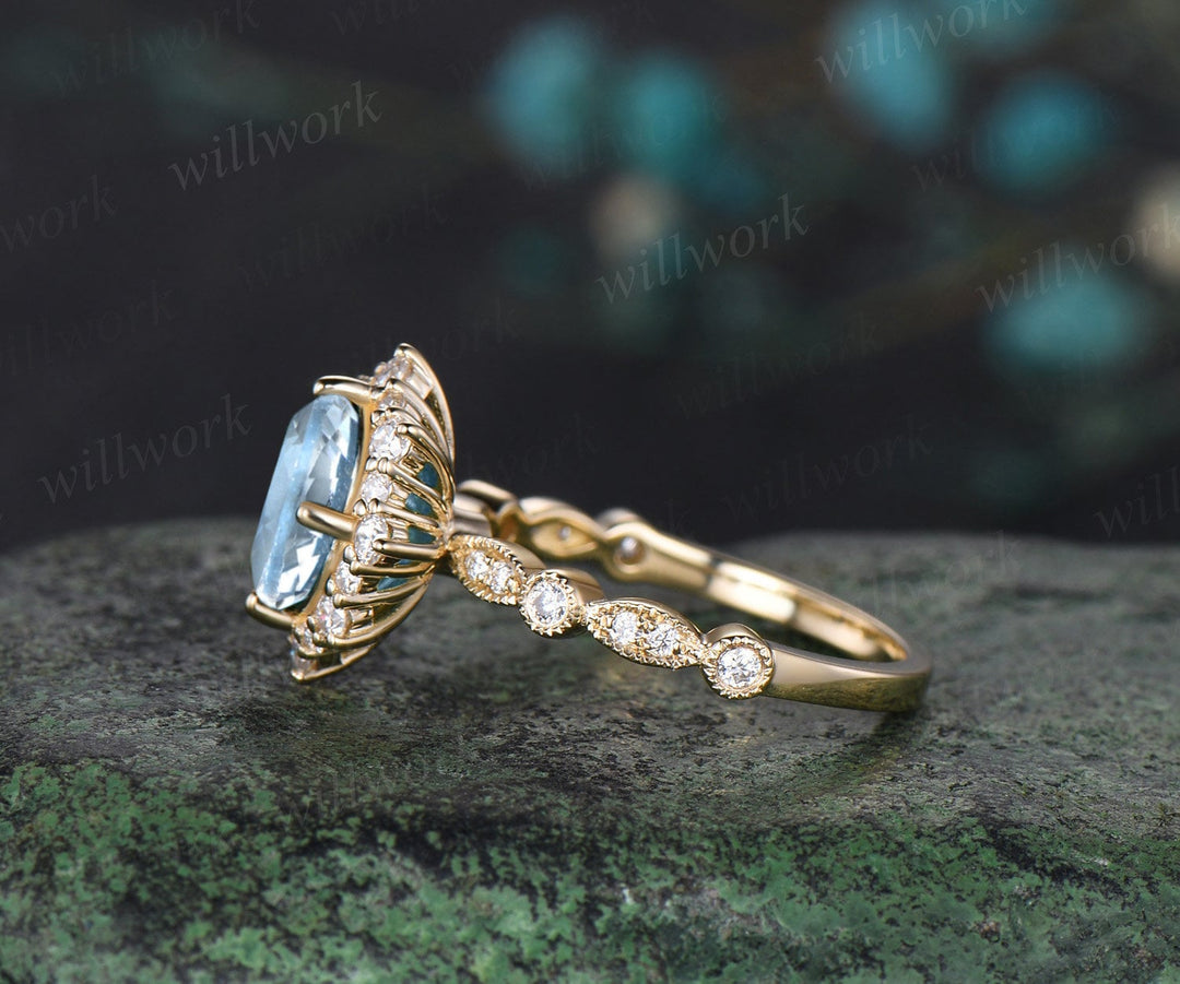 Oval cut aquamarine engagement ring 14k yellow gold Milgrain half eternity snowdrift halo diamond wedding promise ring women jewelry