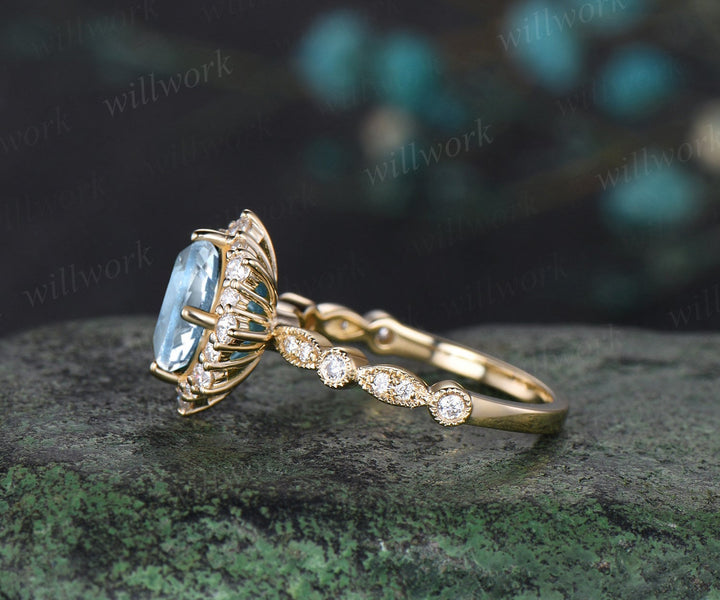 Oval cut aquamarine engagement ring 14k yellow gold Milgrain half eternity snowdrift halo diamond wedding promise ring women jewelry