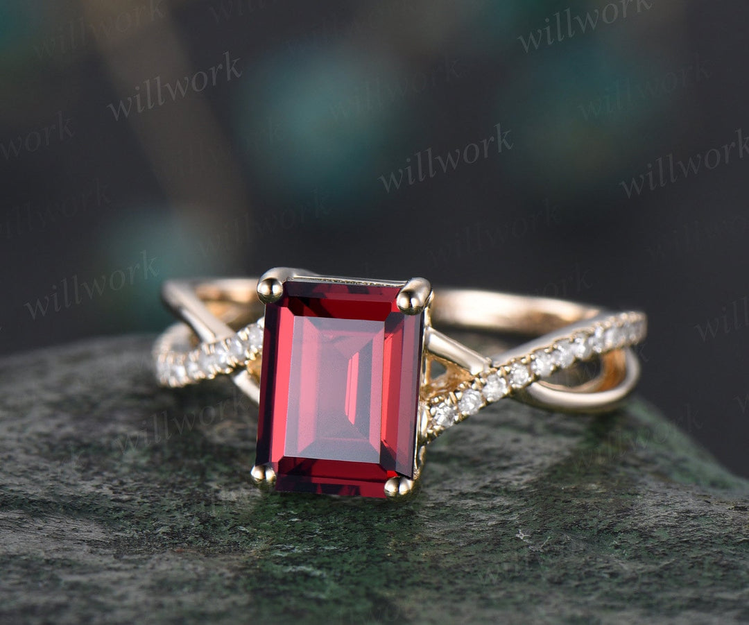 Vintage emerald cut red garnet engagement ring solid 14k yellow gold eternity infinity Twisted diamond wedding bridal ring women