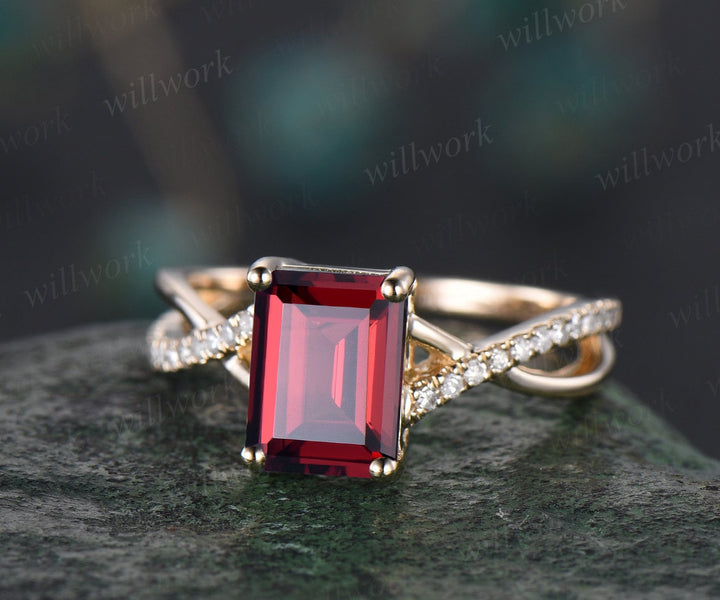 Vintage emerald cut red garnet engagement ring solid 14k yellow gold eternity infinity Twisted diamond wedding bridal ring women