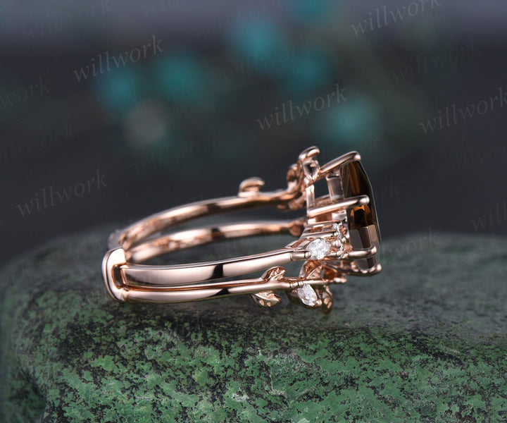 Unique kite cut brown smoky quartz engagement ring twig leaf rose gold diamond amethyst wedding band enhancer anniversary ring set women gift