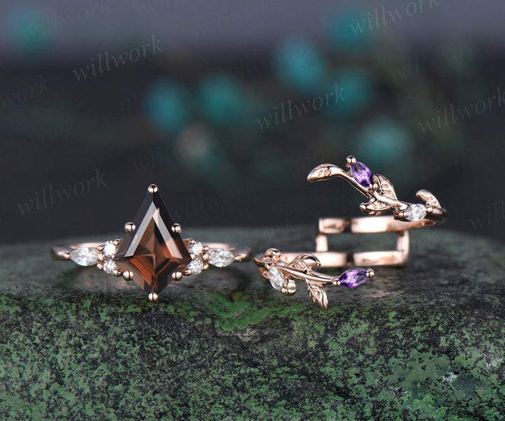 Unique kite cut brown smoky quartz engagement ring twig leaf rose gold diamond amethyst wedding band enhancer anniversary ring set women gift