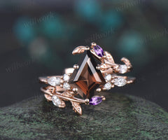 Unique kite cut brown smoky quartz engagement ring twig leaf rose gold diamond amethyst wedding band enhancer anniversary ring set women gift