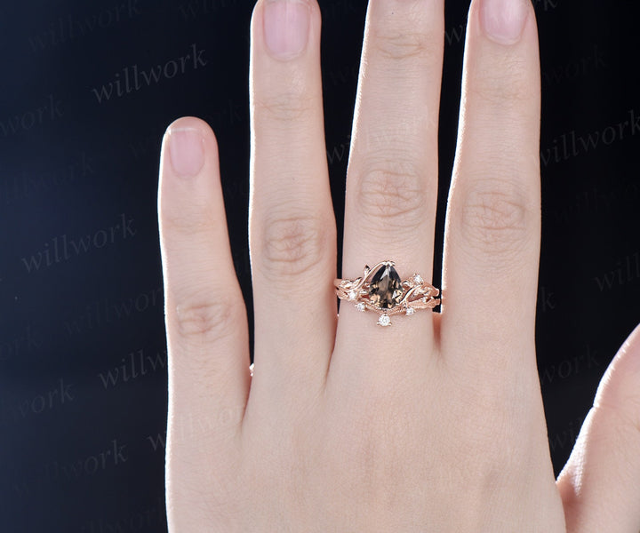 Vintage pear brown smoky quartz engagement ring rose gold leaf nature inspired diamond bridal set women unique wedding ring gemstone